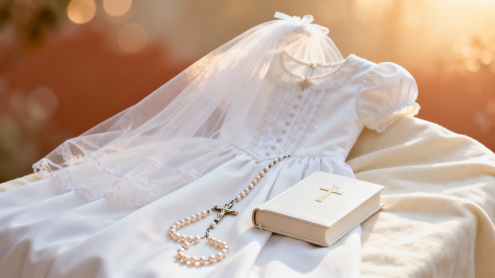 White first communion dress and veil beside rosary beads and small Bible on soft ivory fabric with gentle light
