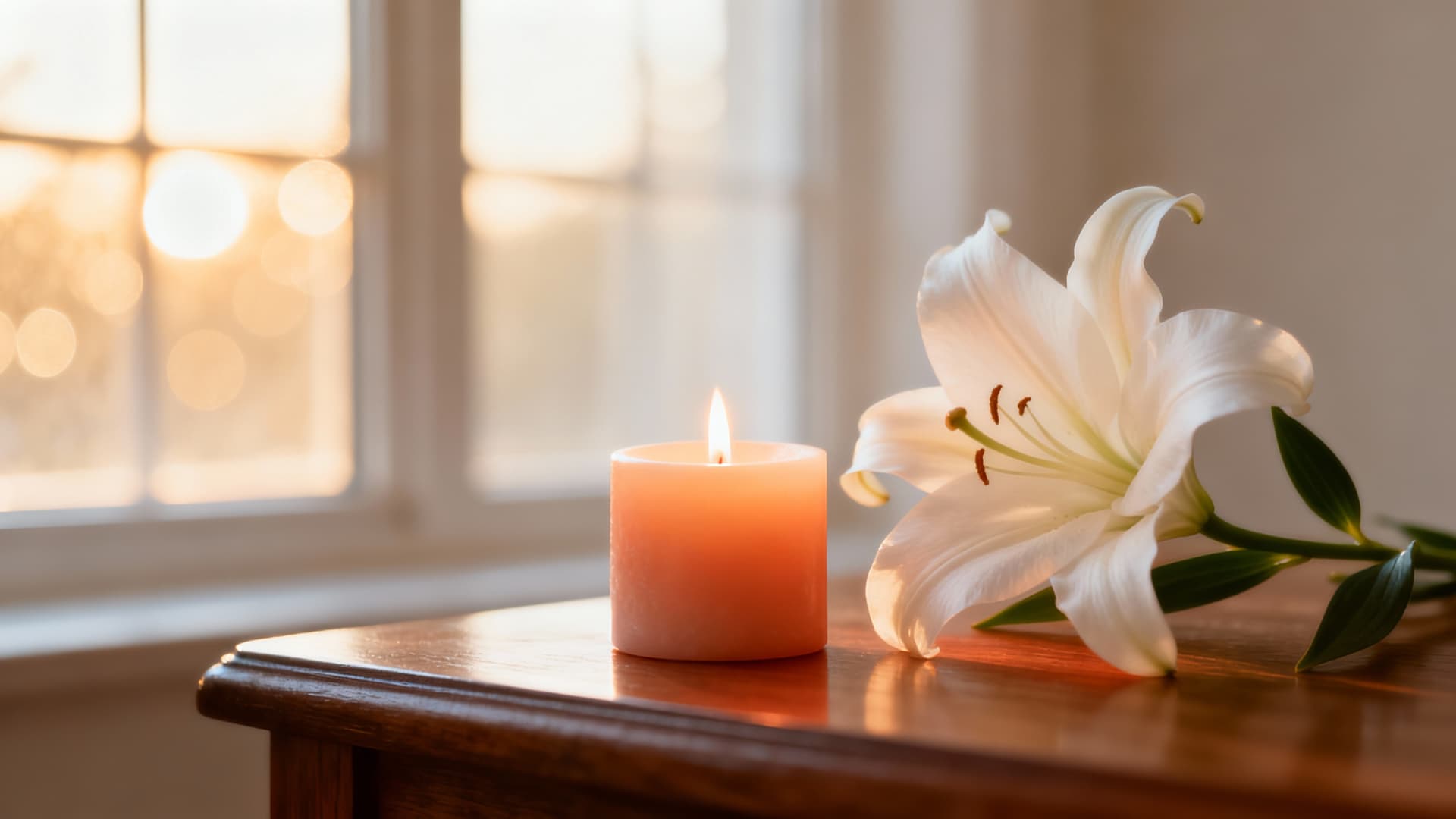 Single white lily flower beside a lit memorial candle with soft window light creating peaceful atmosphere