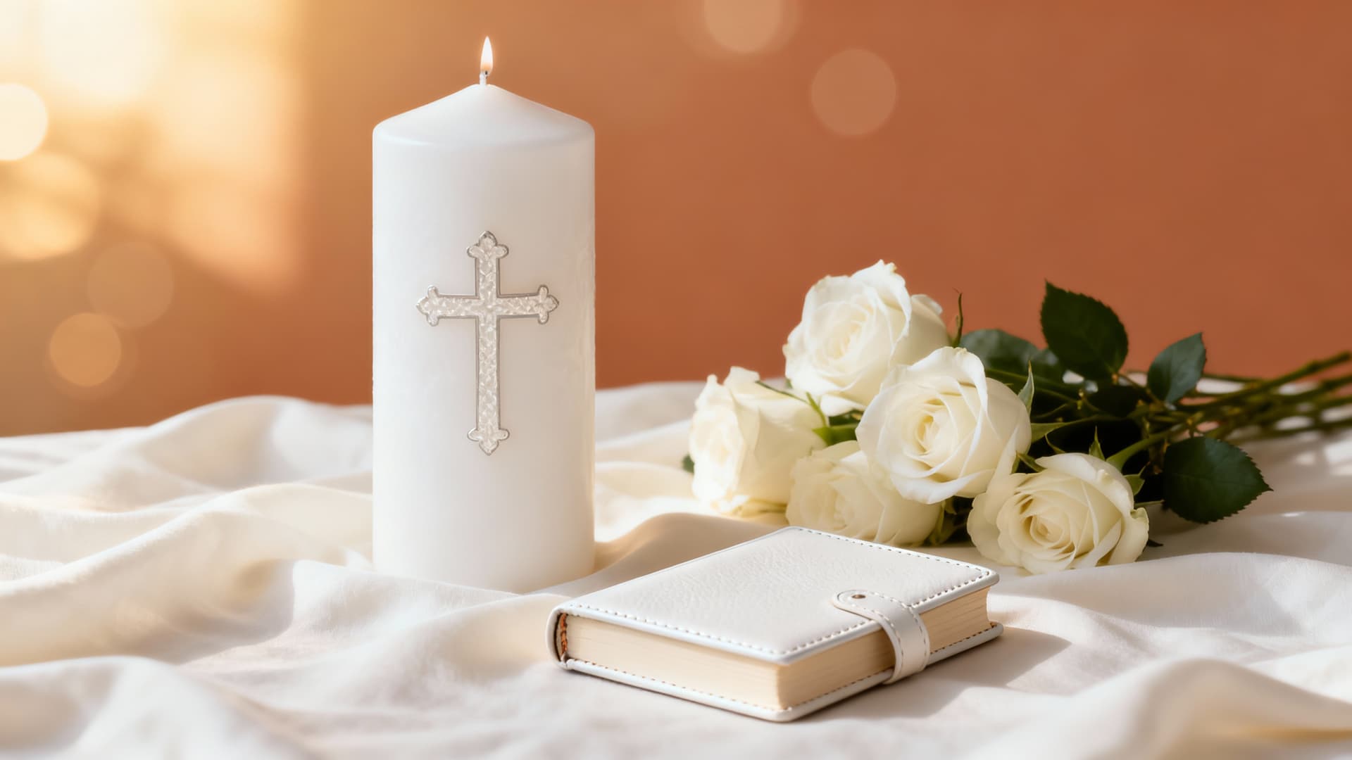 White baptismal candle with delicate cross design beside a small Bible and white roses on linen cloth