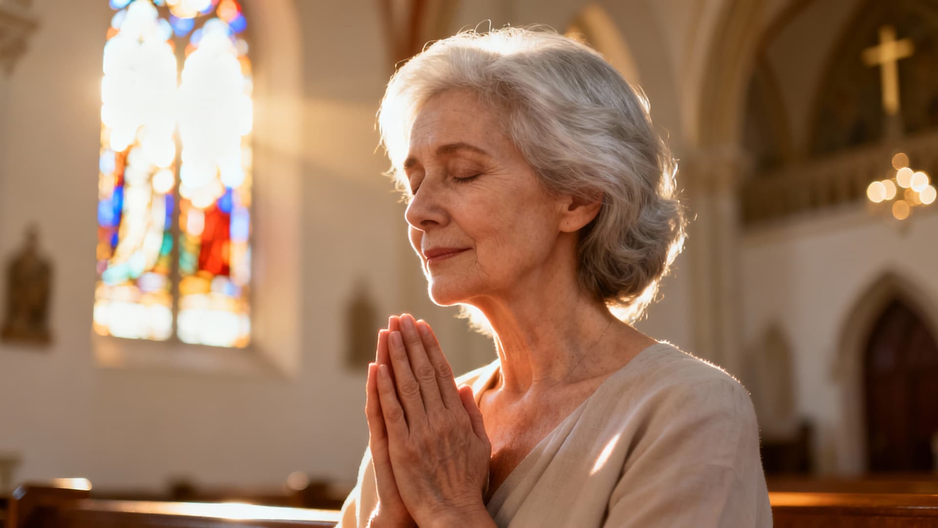 Elderly woman with silver hair praying peacefully in a sunlit church with stained glass windows casting colorful light