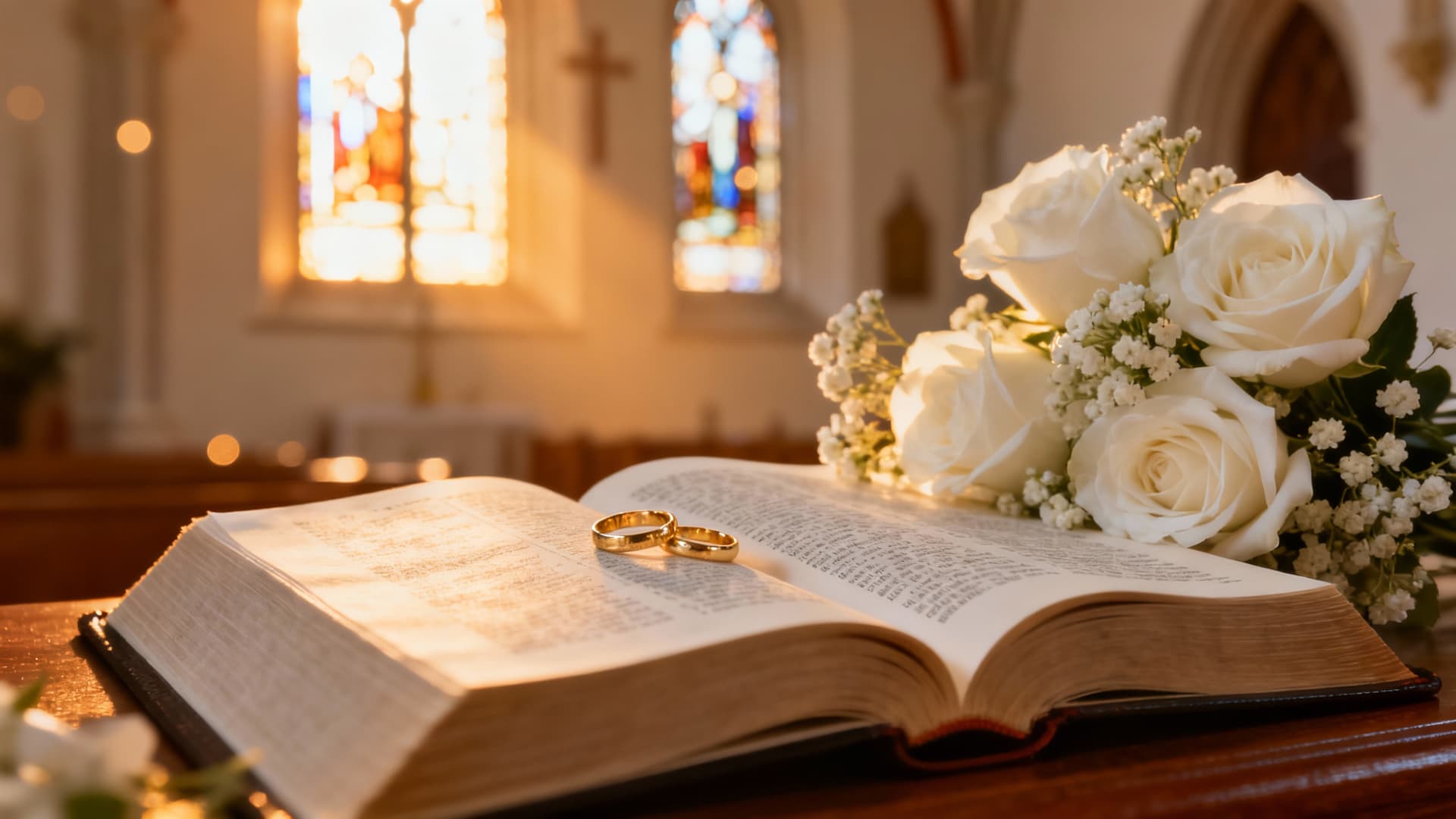 Elegant wedding rings on open Bible with white roses and soft golden light streaming through church window